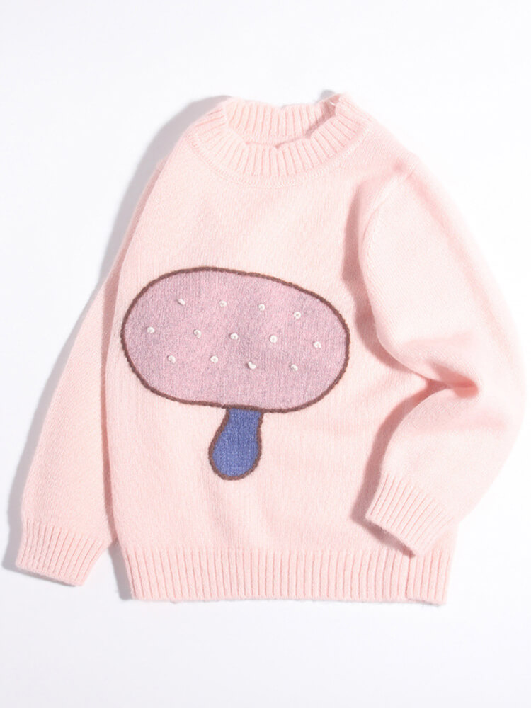 Kids Soft Pink Mushroom Knit Cashmere Pullover Sweater